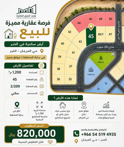 ارض سكنية  للبيع في المرجان، الخبر - للبيع قطعة ارض مميزة بالخبر العزيزية مخطط المرجان