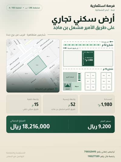 ارض تجارية  للبيع في شمال جدة، جدة - أرض سكني تجاري 1980 م² على طريق الأمير مشعل بن ماجد بقرب برج جدة