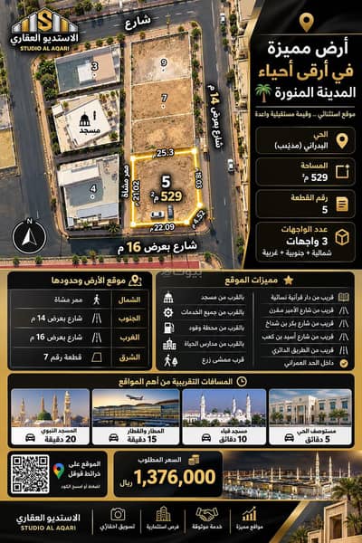 Residential Land for Sale in Mudhainib, Madina - A distinctive plot on 3 streets in Al-Badriani Residential Land for Sale in Mudhainib, Madina - A distinctive plot on 3 streets in Al-Badriani
