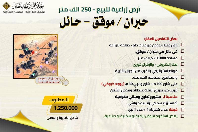 أرض زراعية خام بصك إلكتروني - في موقق حيران- في حائل - 250 ألف متر