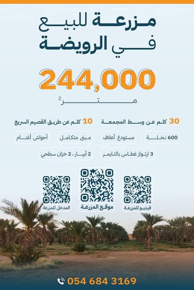 مزرعة 2 غرفة نوم للبيع في الرويضه بسدير - مزرعة 244,000م² للبيع في رويضه – الرياض