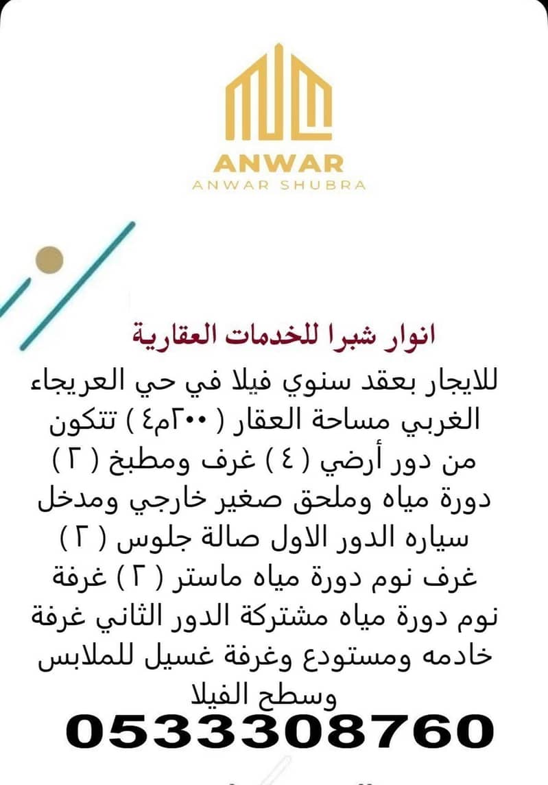 فيلا دبلوكس للايجار العريجاء الغربي 0533308760 فيلا دبلوكس للايجار العريجاء الغربي 0533308760