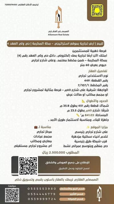 Land for Sale in Ash Shamiya Al Jadid, Makkah - For Sale | Commercial Land in a Strategic Location – Makkah | Wali Al-Ahd District 4