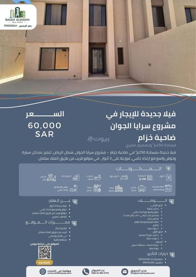 فیلا 4 غرف نوم للايجار في شمال الرياض، الرياض - للإيجار | فيلا جديدة في مشروع سرايا الجوان – ضاحية خزام | شمال الرياض