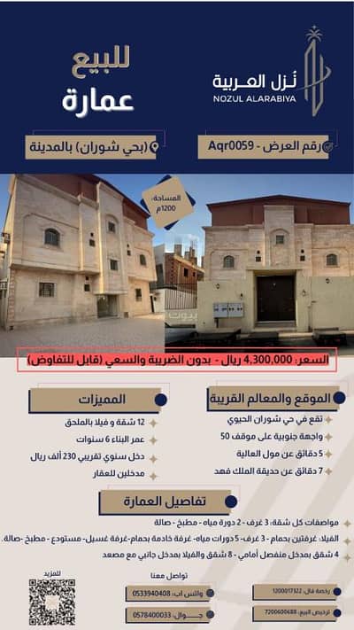 عمارة سكنية 11 غرف نوم للبيع في شوران، المدينة المنورة - عمارة للبيع بحي شوران المدينة المنورة - 12 شقة وفيلا