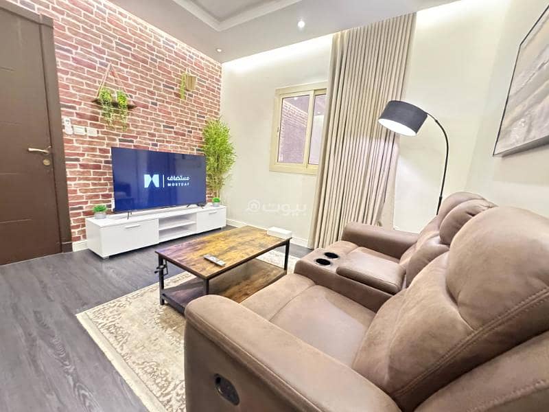 Elegant bedroom + living room | relaxation and work | Fully furnished unit for rent in Jeddah, Saudi Arabia