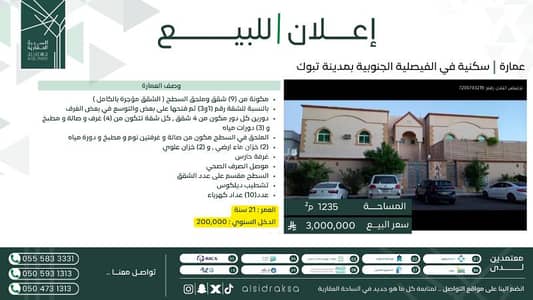 عمارة سكنية 11 غرف نوم للبيع في الفيصلية الجنوبية، تبوك - عمارة سكنية للبيع في حي الفيصلية الجنوبية في تبوك