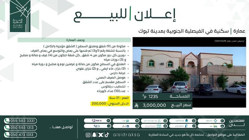 عمارة سكنية للبيع في حي الفيصلية الجنوبية في تبوك