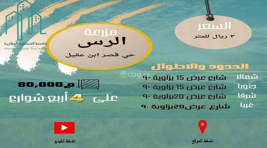 Residential Land for Sale in Aldiyria - Agricultural land for sale in Al-Qassim, Al-Rass, Al-Qasr Bin Aqeel neighborhood