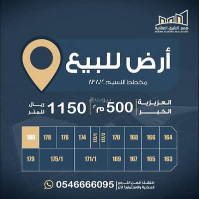 ارض سكنية  للبيع في العقيق، الخبر - للبيع أرض سكنية – مخطط النسيم 2/838 | حي العزيزية – الخبر