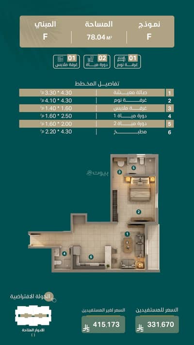 1 Bedroom Flat for Sale in East Riyadh, Riyadh - Building F - Model F
