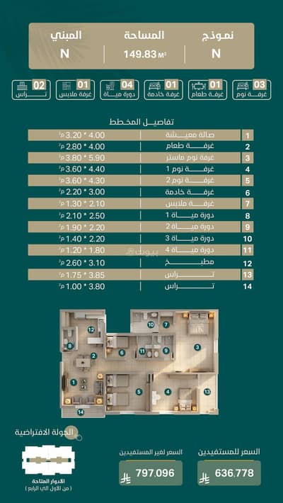 3 Bedroom Apartment for Sale in East Riyadh, Riyadh - Building N - Model N