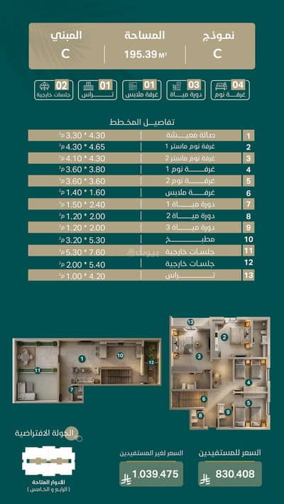 4 Bedroom Apartment for Sale in East Riyadh, Riyadh - Building C - Model C