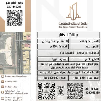 ارض سكنية للبيع في شمال جدة، جدة - عمارة هدد للبيع قطعة رقم 538 في مخطط رقم منح / 3 حي العزيزية على طريق الأمير ماجد ( السبعين ) ارض سكنية للبيع في شمال جدة، جدة - عمارة هدد للبيع قطعة رقم 538 في مخطط رقم منح / 3 حي العزيزية على طريق الأمير ماجد ( السبعين )